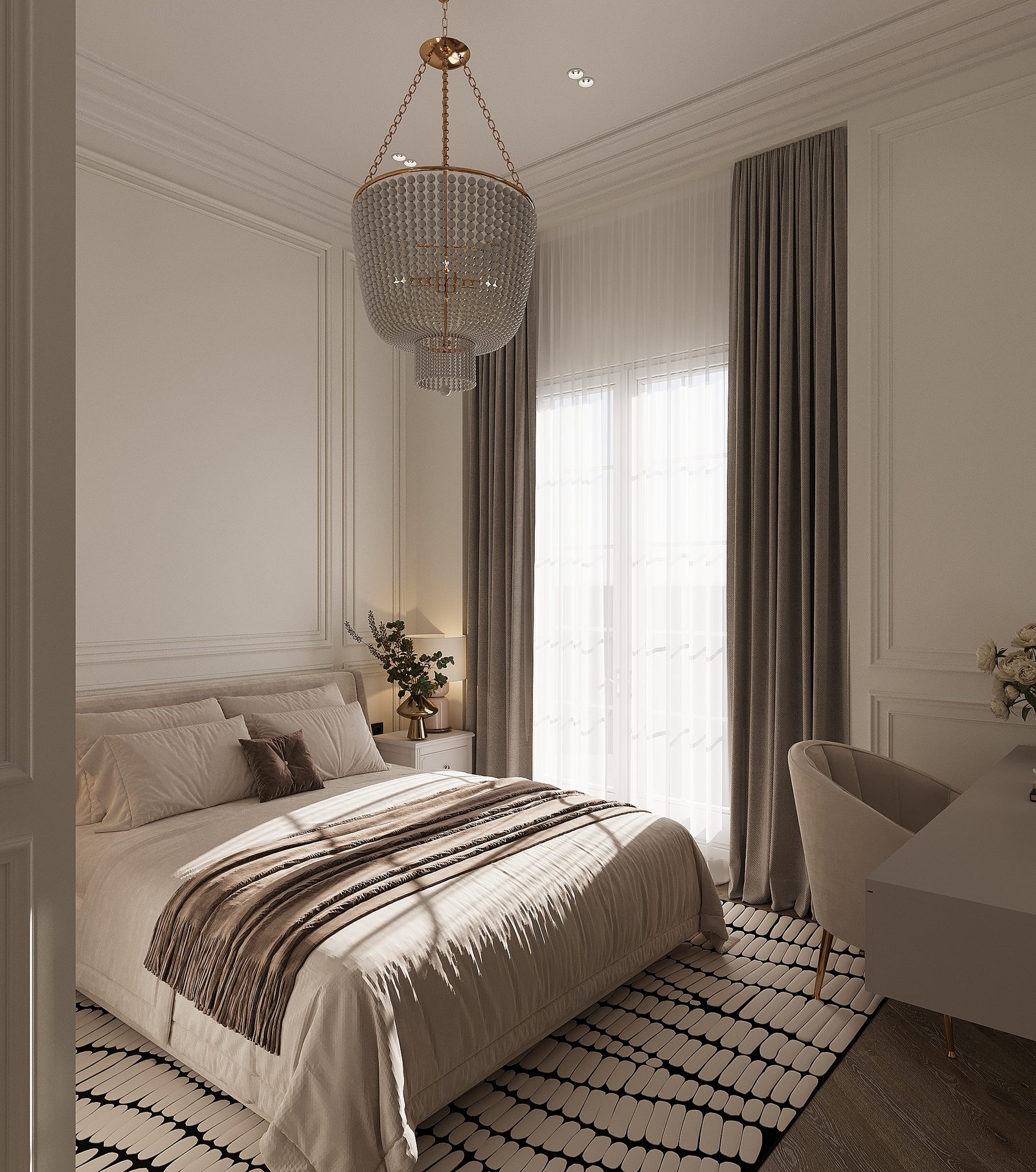 83 m² apartment — English neoclassical interior — Master bedroom. Interior view 4