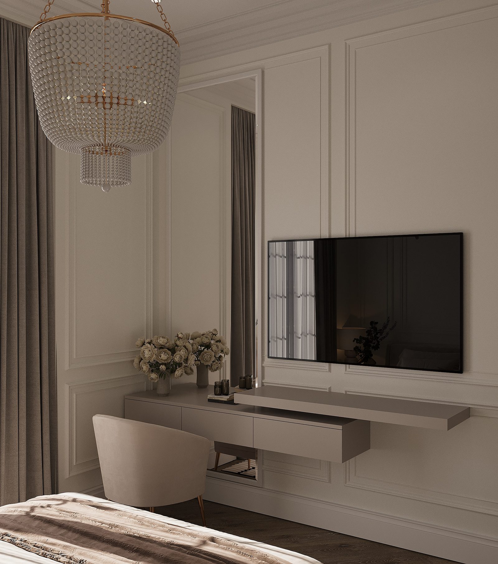 83 m² apartment — English neoclassical interior — Master bedroom. Interior view 5