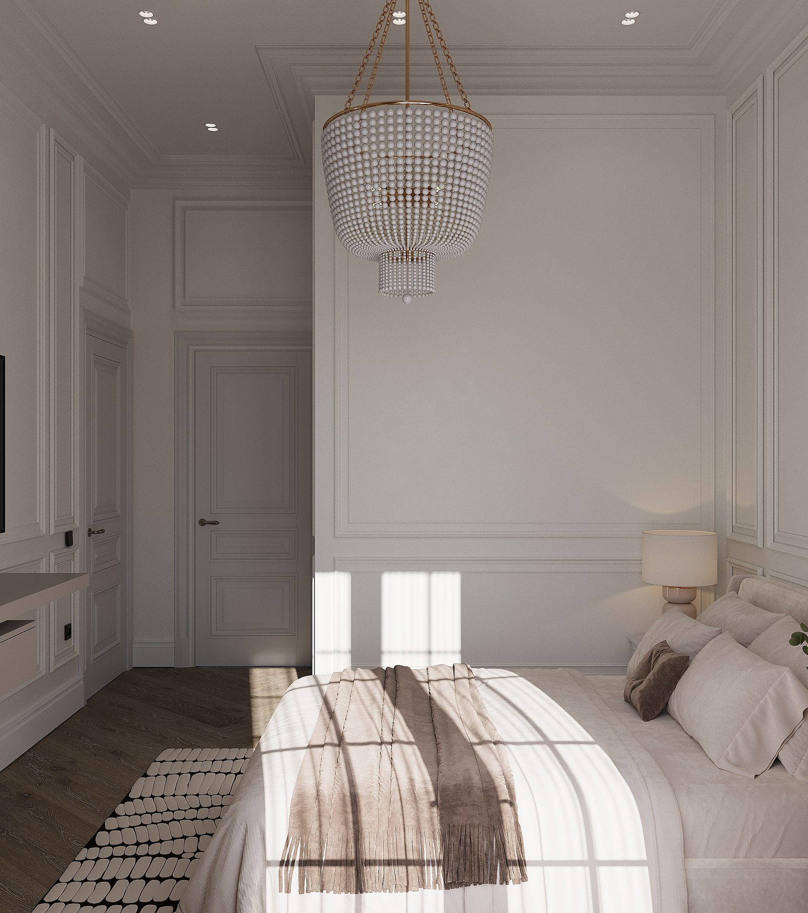 83 m² apartment — English neoclassical interior — Master bedroom. Interior view 6
