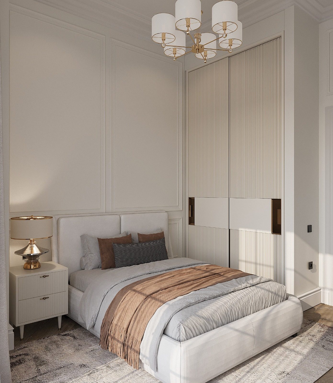 83 m² apartment — English neoclassical interior — Master bedroom. Interior view 7