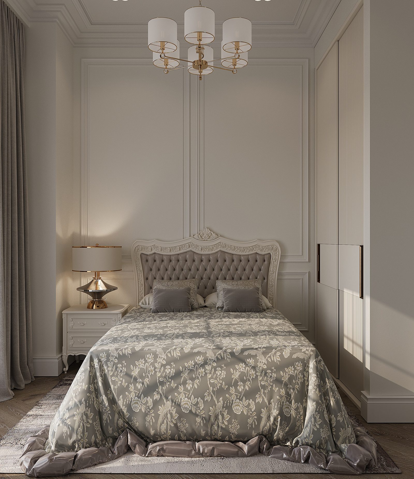 83 m² apartment — English neoclassical interior — Master bedroom. Interior view 8