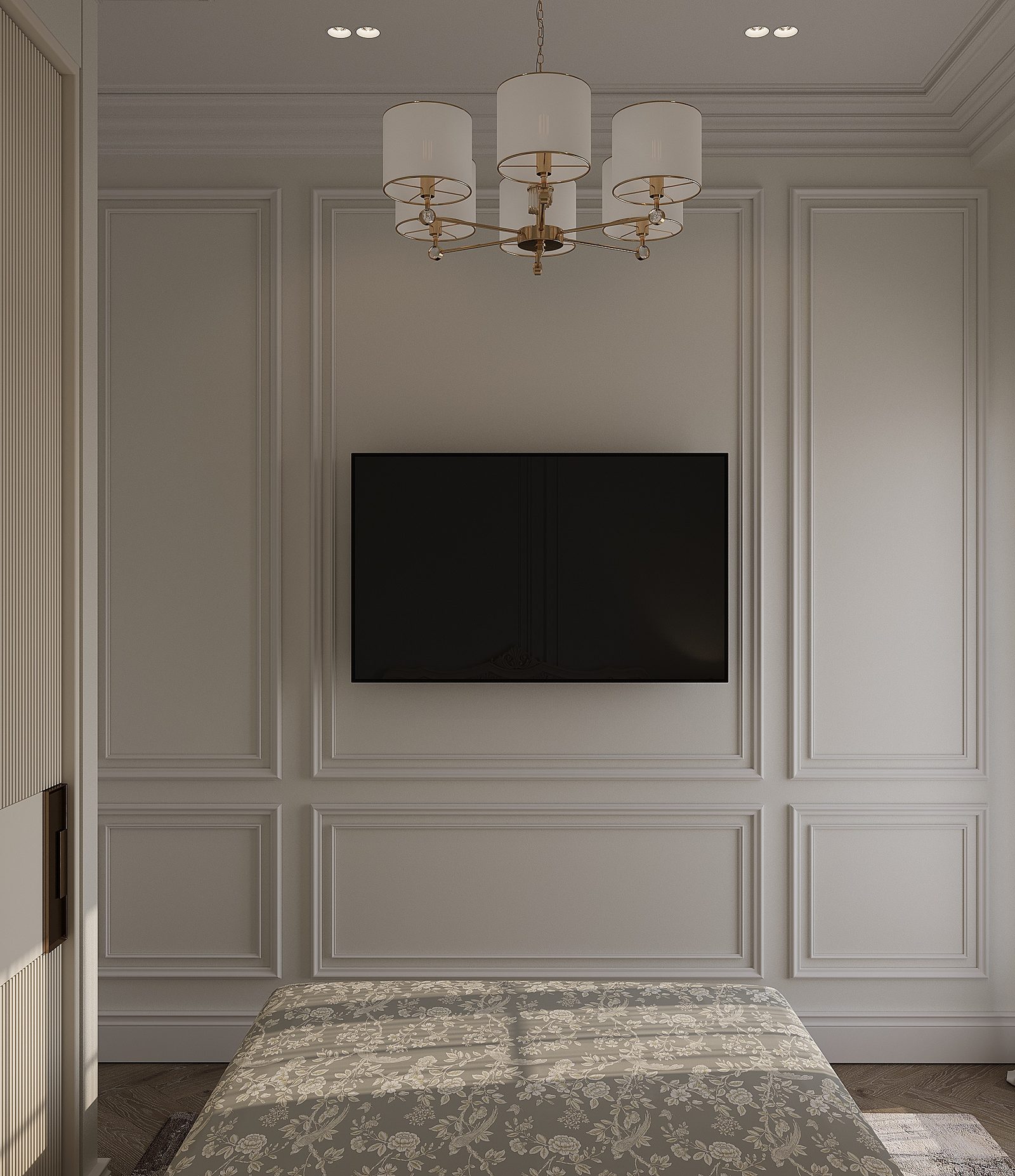 83 m² apartment — English neoclassical interior — Master bedroom. Interior view 9