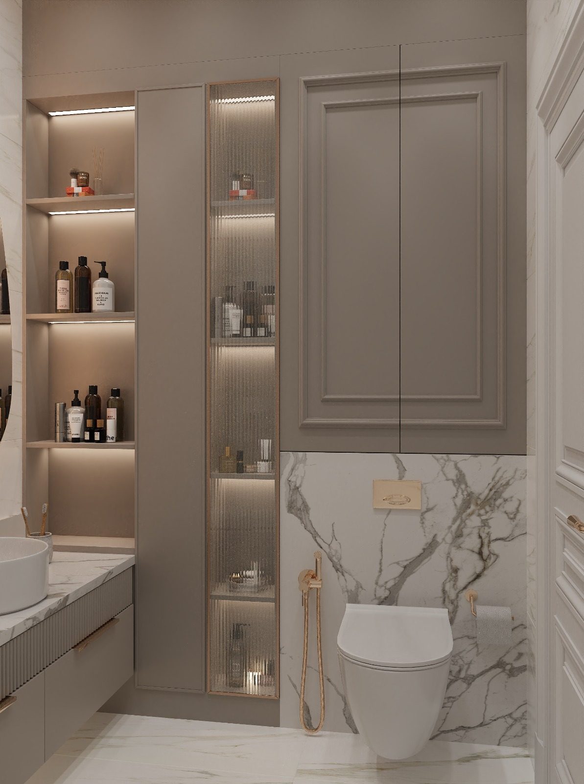 83 m² apartment — English neoclassical interior — Bathroom. Interior view 12