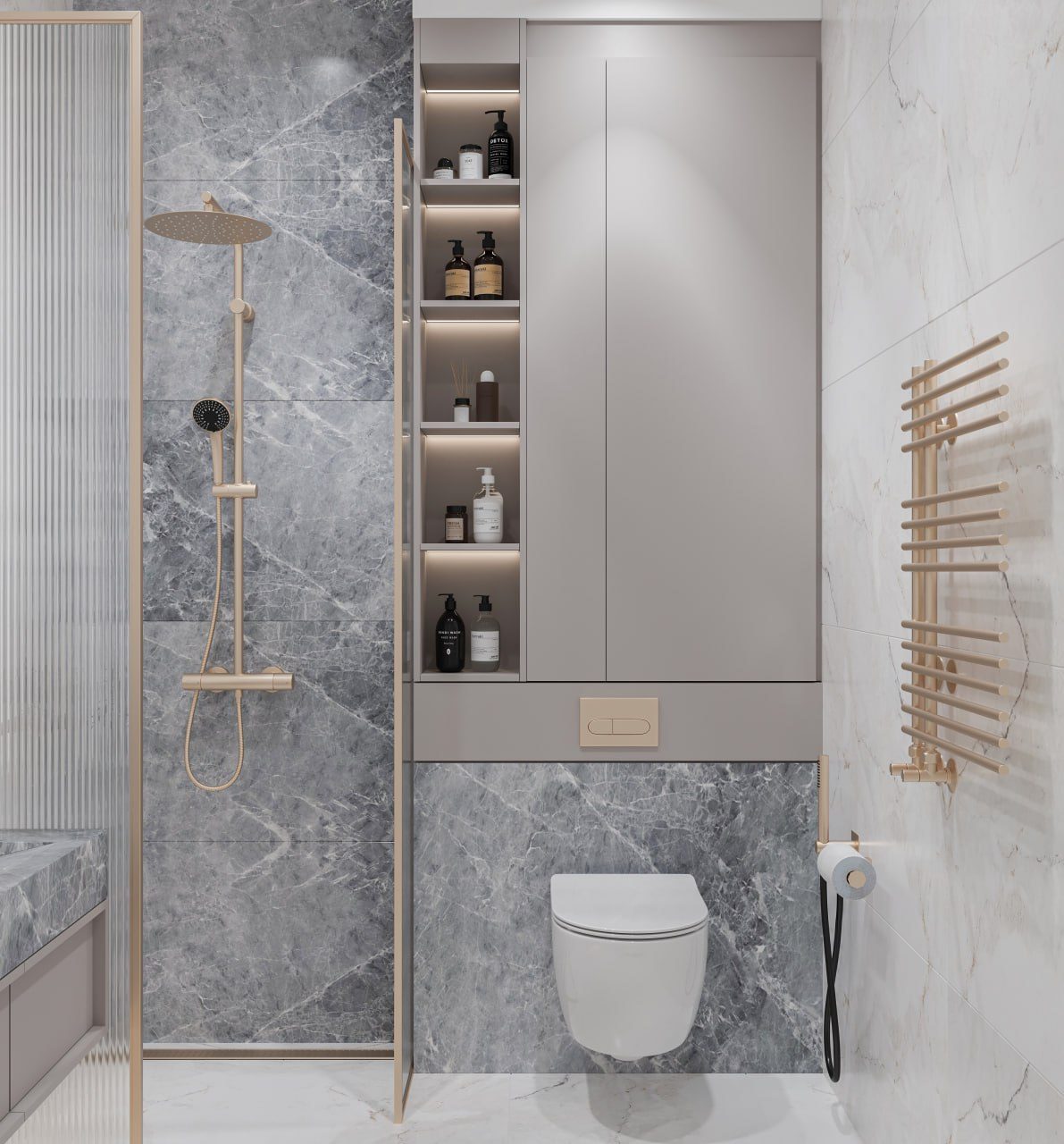 83 m² apartment — English neoclassical interior — Bathroom. Interior view 14