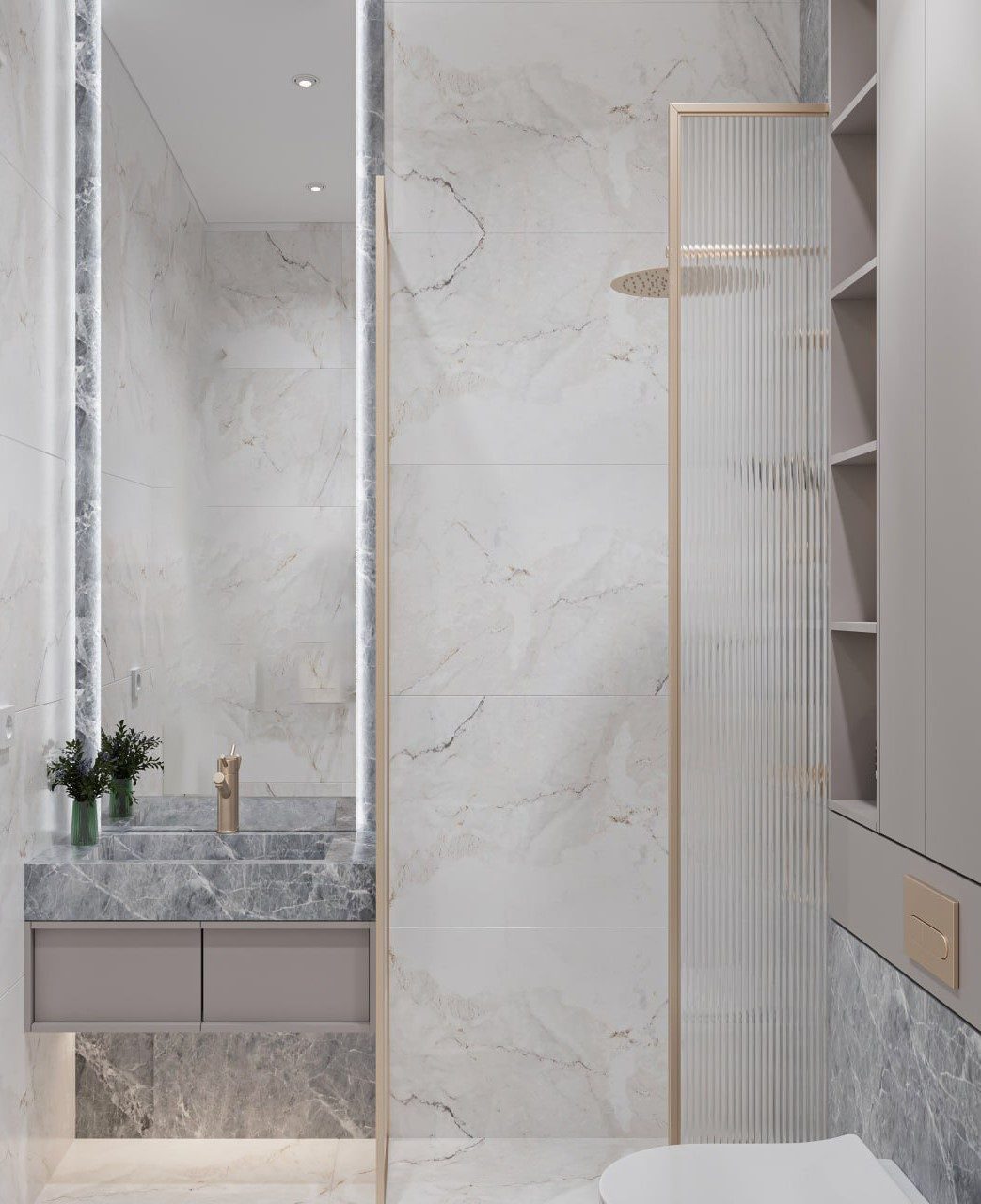 83 m² apartment — English neoclassical interior — Bathroom. Interior view 15
