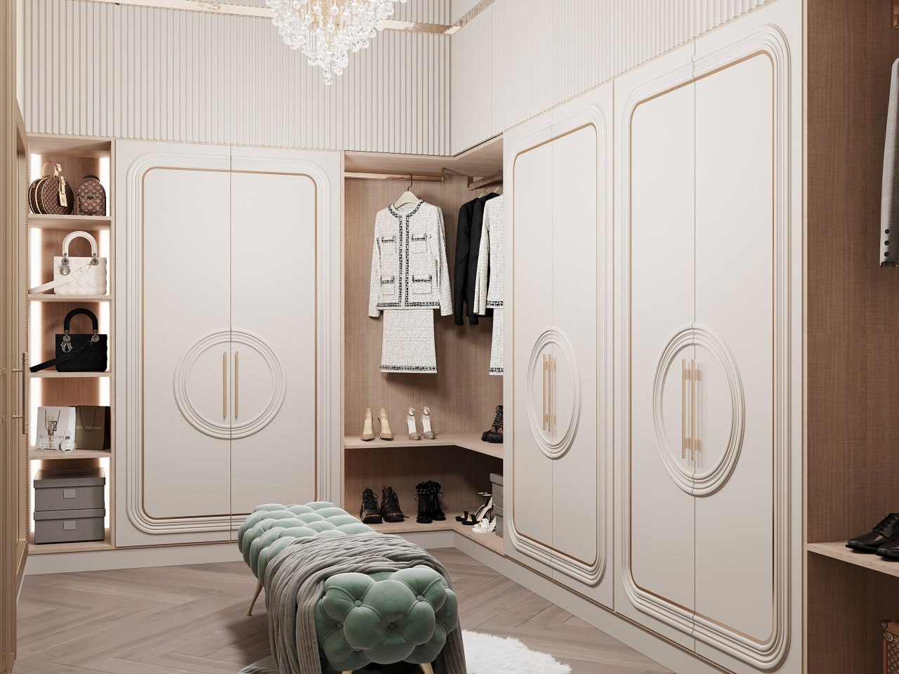 83 m² apartment — English neoclassical interior — Wardrobe. Interior view 10