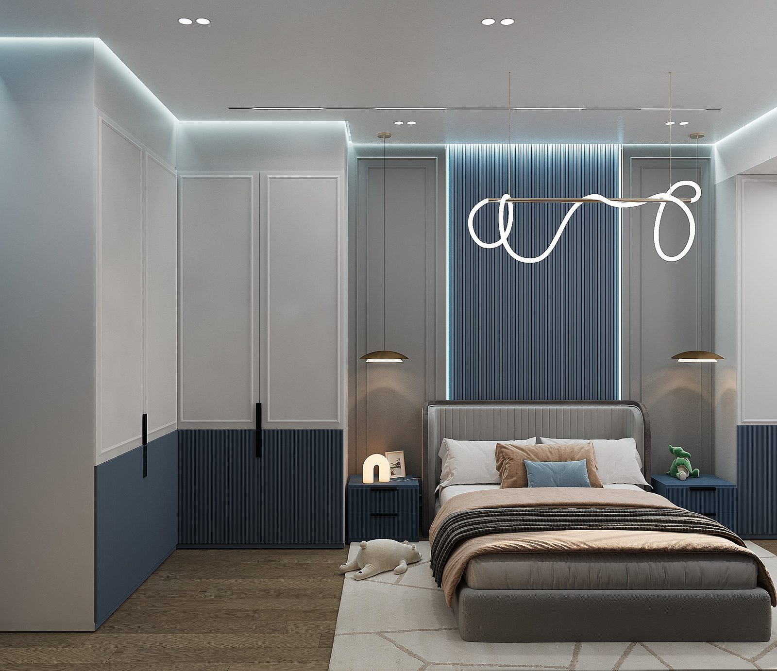 135 m² mənzil layihəsi — Lüks modern — Oğlan otağı. İnteryer görüntüsü 10