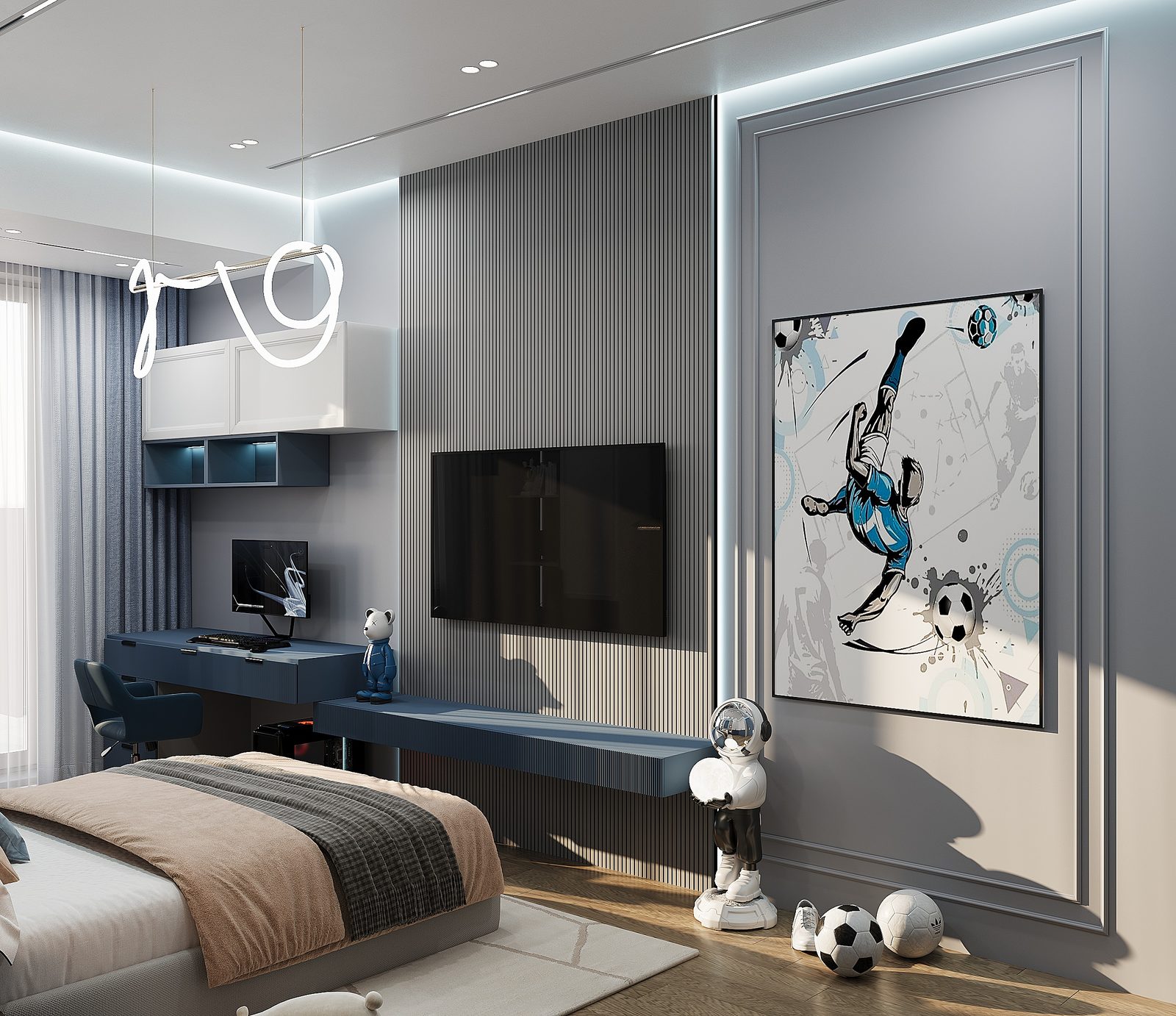 135 m² mənzil layihəsi — Lüks modern — Oğlan otağı. İnteryer görüntüsü 11