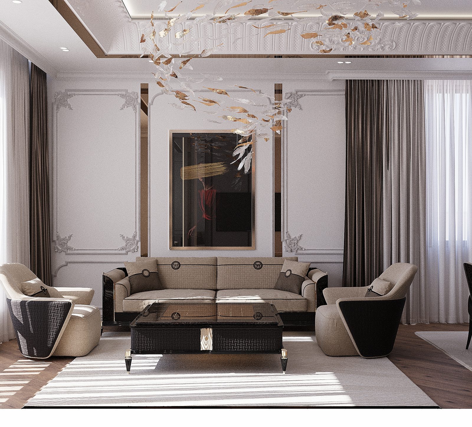 156 m² apartment — luxury neoclassical interior — Living room. Interior view 4