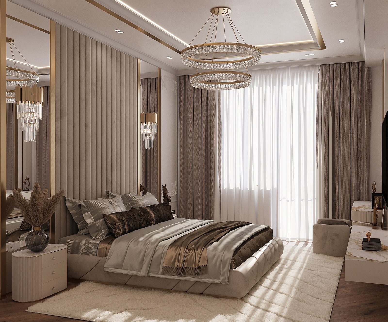 156 m² apartment — luxury neoclassical interior — Master bedroom. Interior view 8