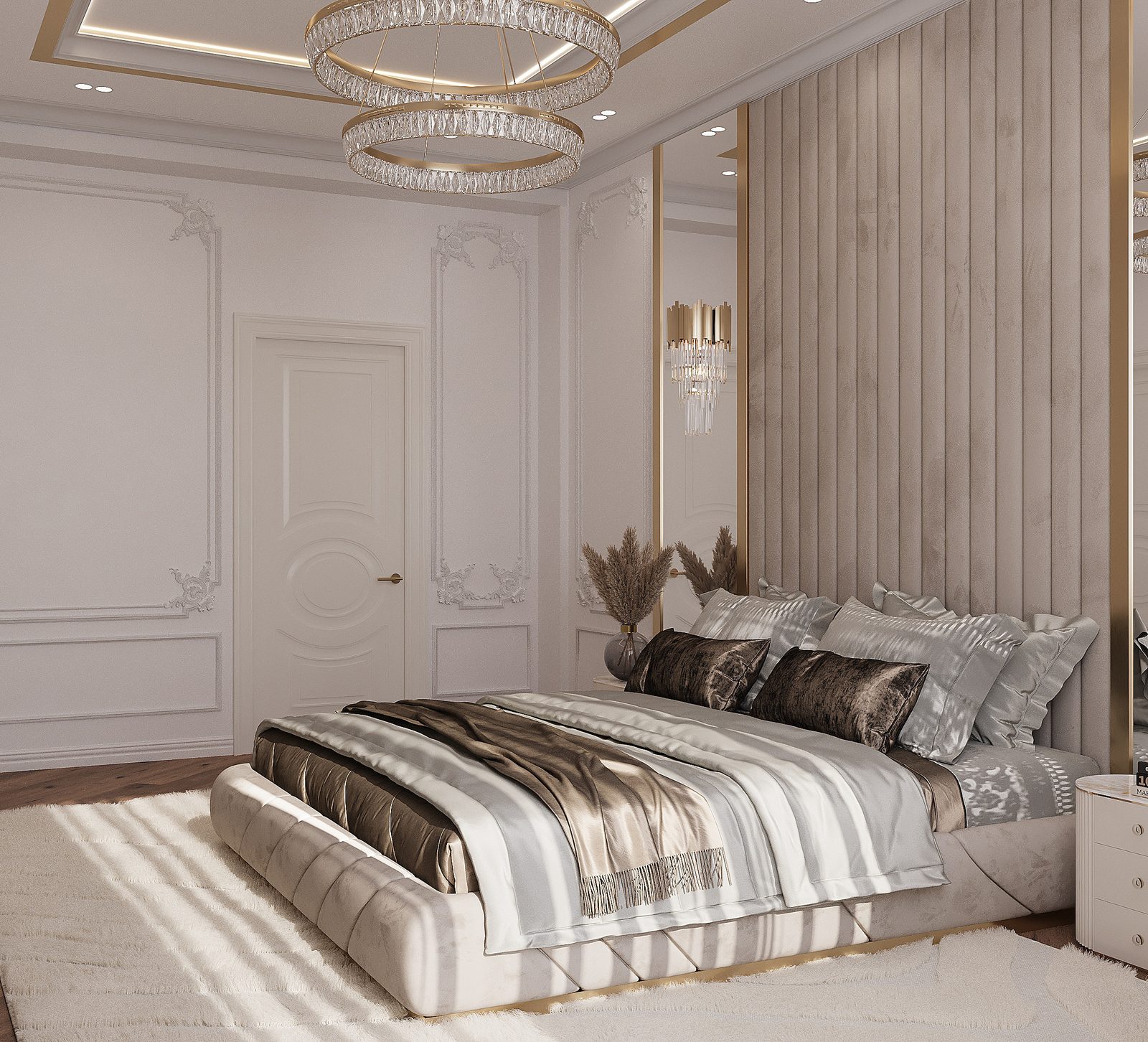 156 m² apartment — luxury neoclassical interior — Master bedroom. Interior view 9