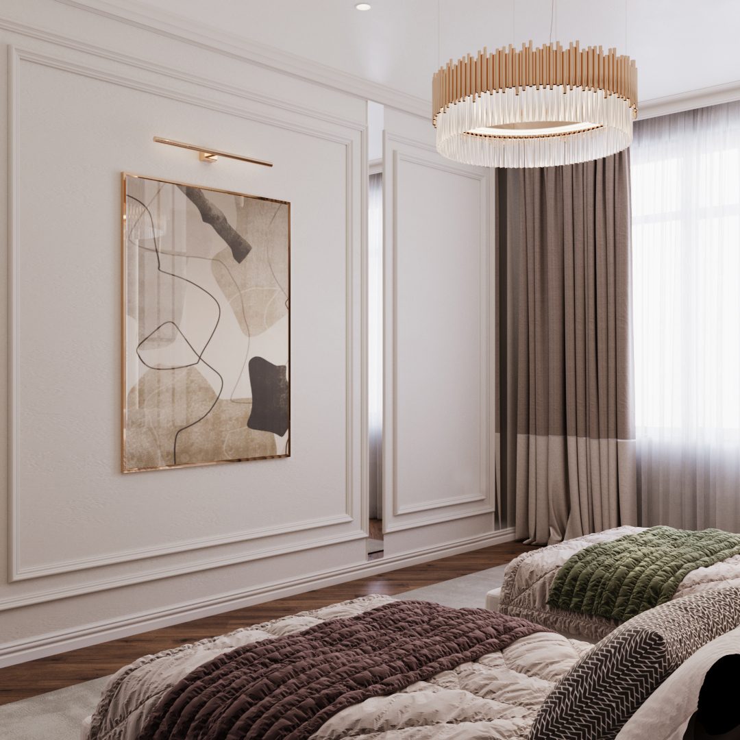 156 m² apartment — luxury neoclassical interior — Master bedroom. Interior view 10