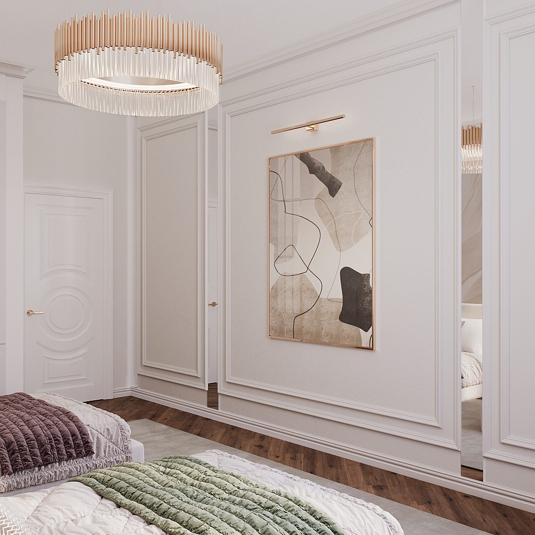 156 m² apartment — luxury neoclassical interior — Master bedroom. Interior view 11