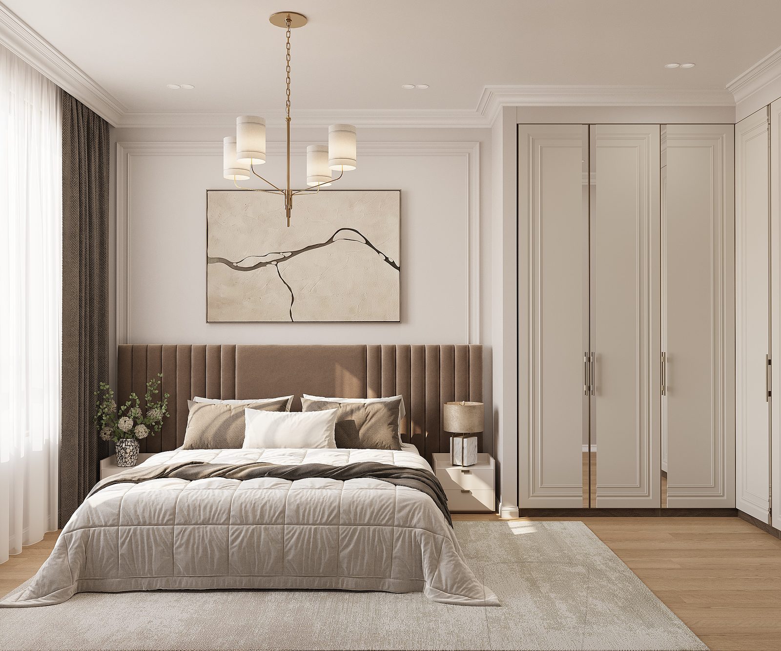 130 m² mənzil layihəsi, Ağ Şəhər — Əsas yataq otağı. İnteryer görüntüsü 6
