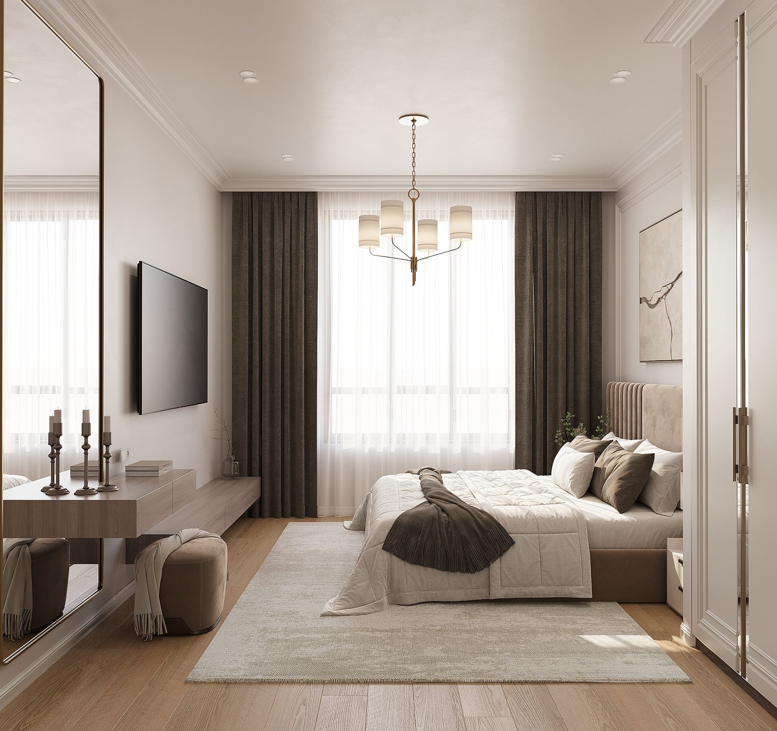 130 m² mənzil layihəsi, Ağ Şəhər — Əsas yataq otağı. İnteryer görüntüsü 7