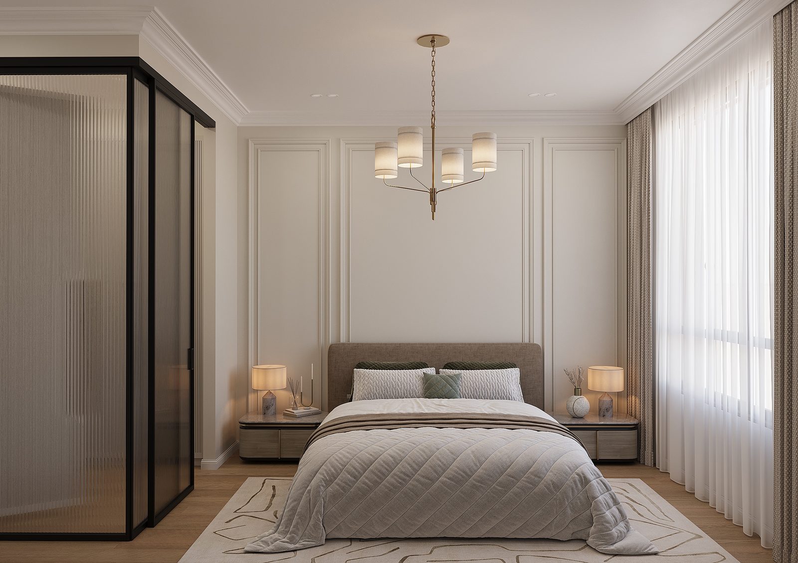 130 m² mənzil layihəsi, Ağ Şəhər — Əsas yataq otağı. İnteryer görüntüsü 8