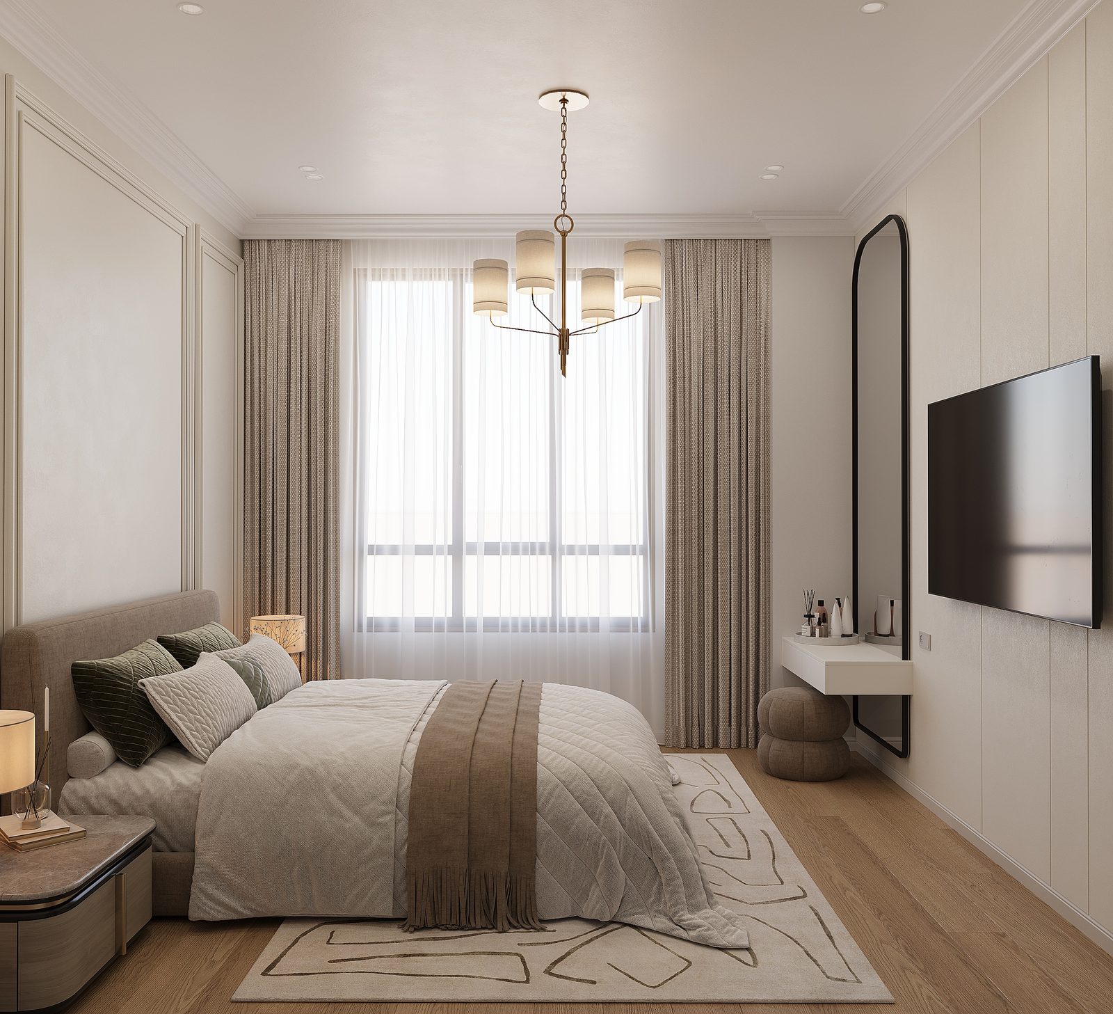 130 m² mənzil layihəsi, Ağ Şəhər — Əsas yataq otağı. İnteryer görüntüsü 9