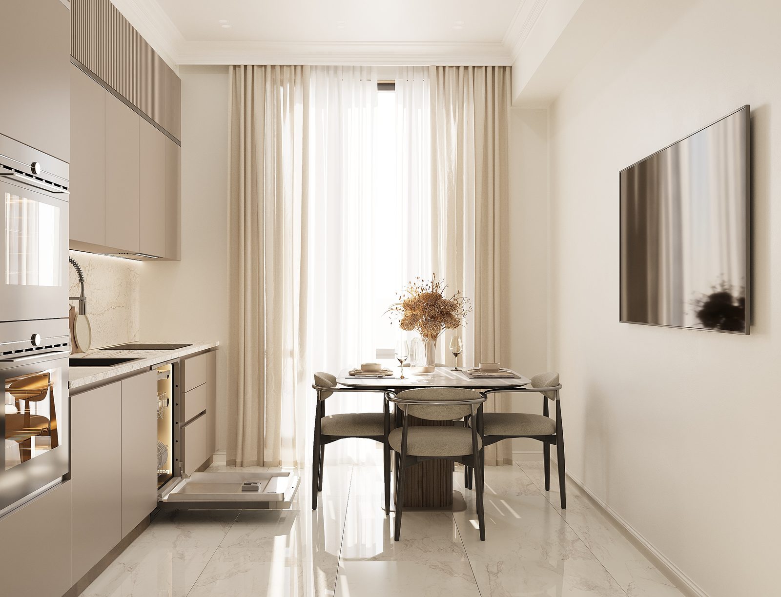 130 m² mənzil layihəsi, Ağ Şəhər — Mətbəx. İnteryer görüntüsü 4