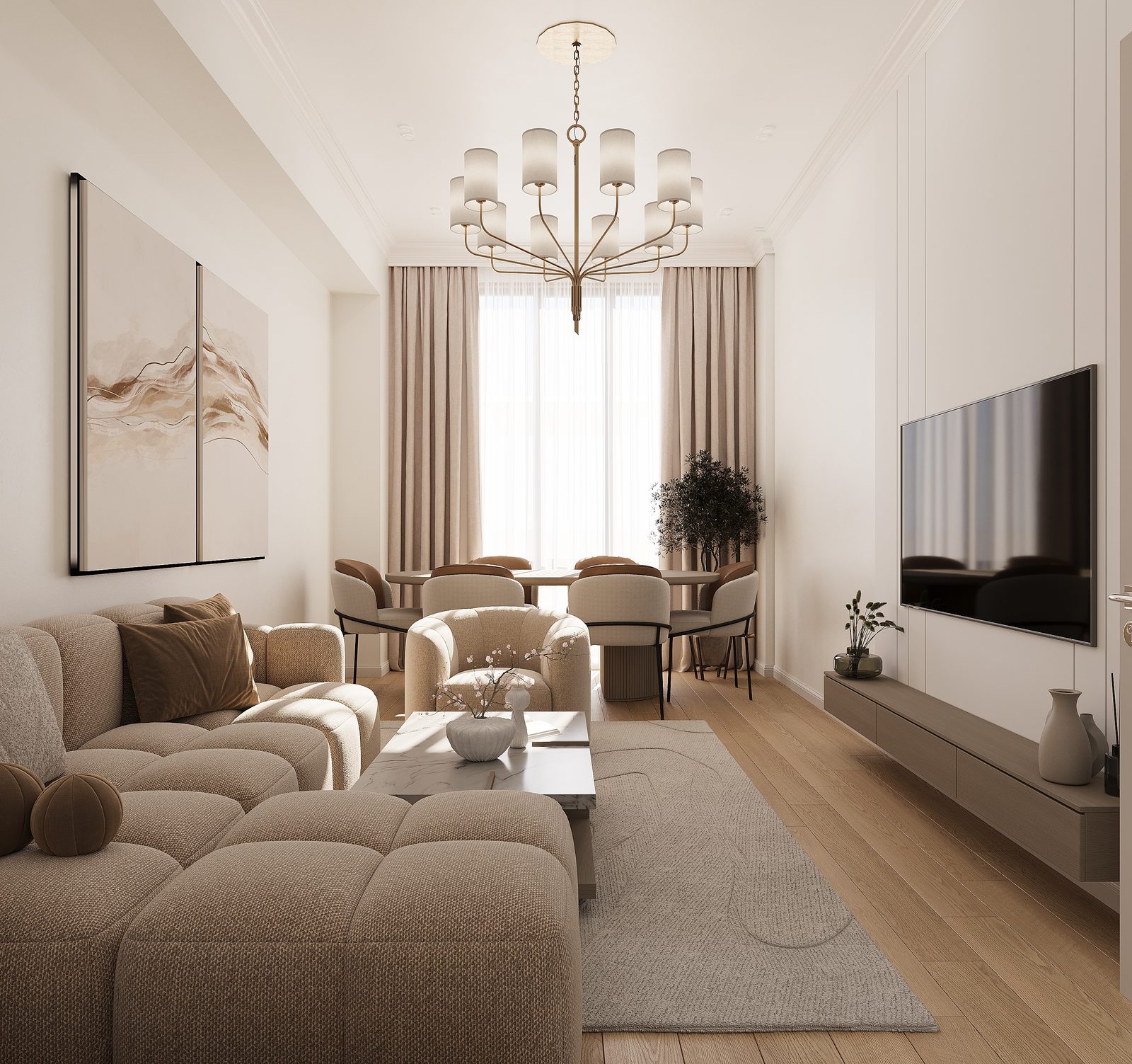 130 m² mənzil layihəsi, Ağ Şəhər — Zal. İnteryer görüntüsü 3