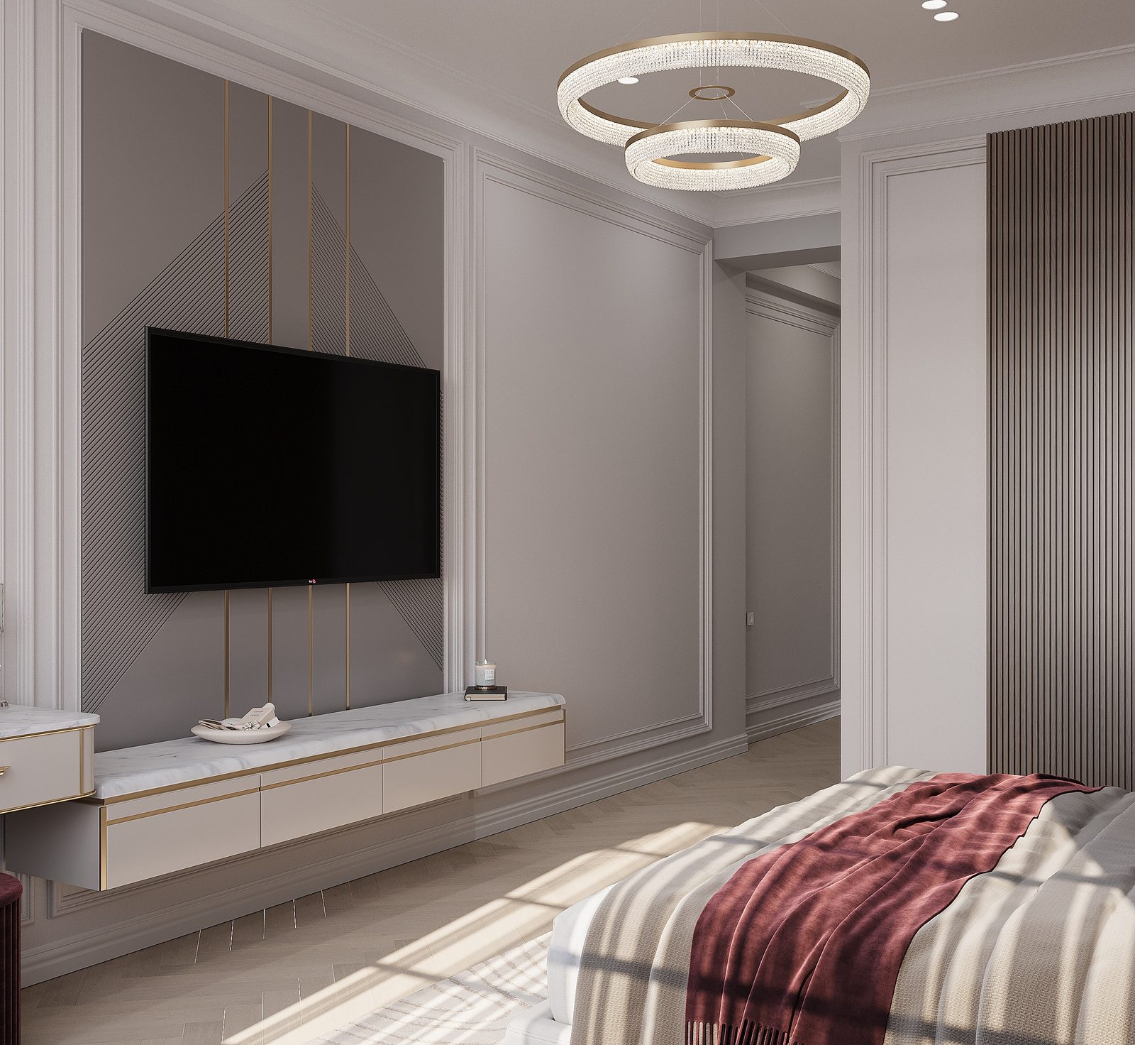 155,4 m² mənzil layihəsi — Neoklassika — Əsas yataq otağı. İnteryer görüntüsü 7