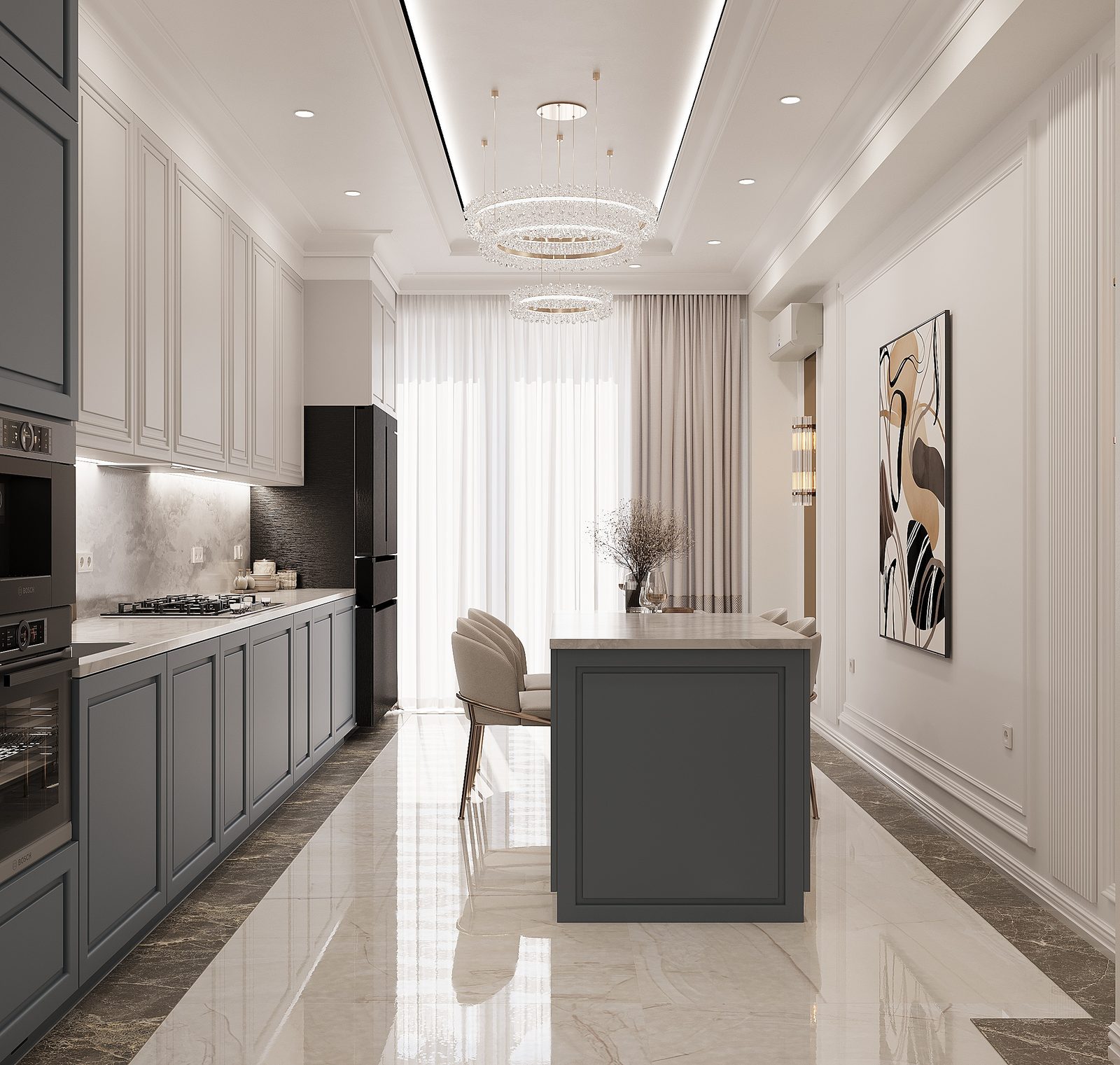 155,4 m² mənzil layihəsi — Neoklassika — Mətbəx. İnteryer görüntüsü 4