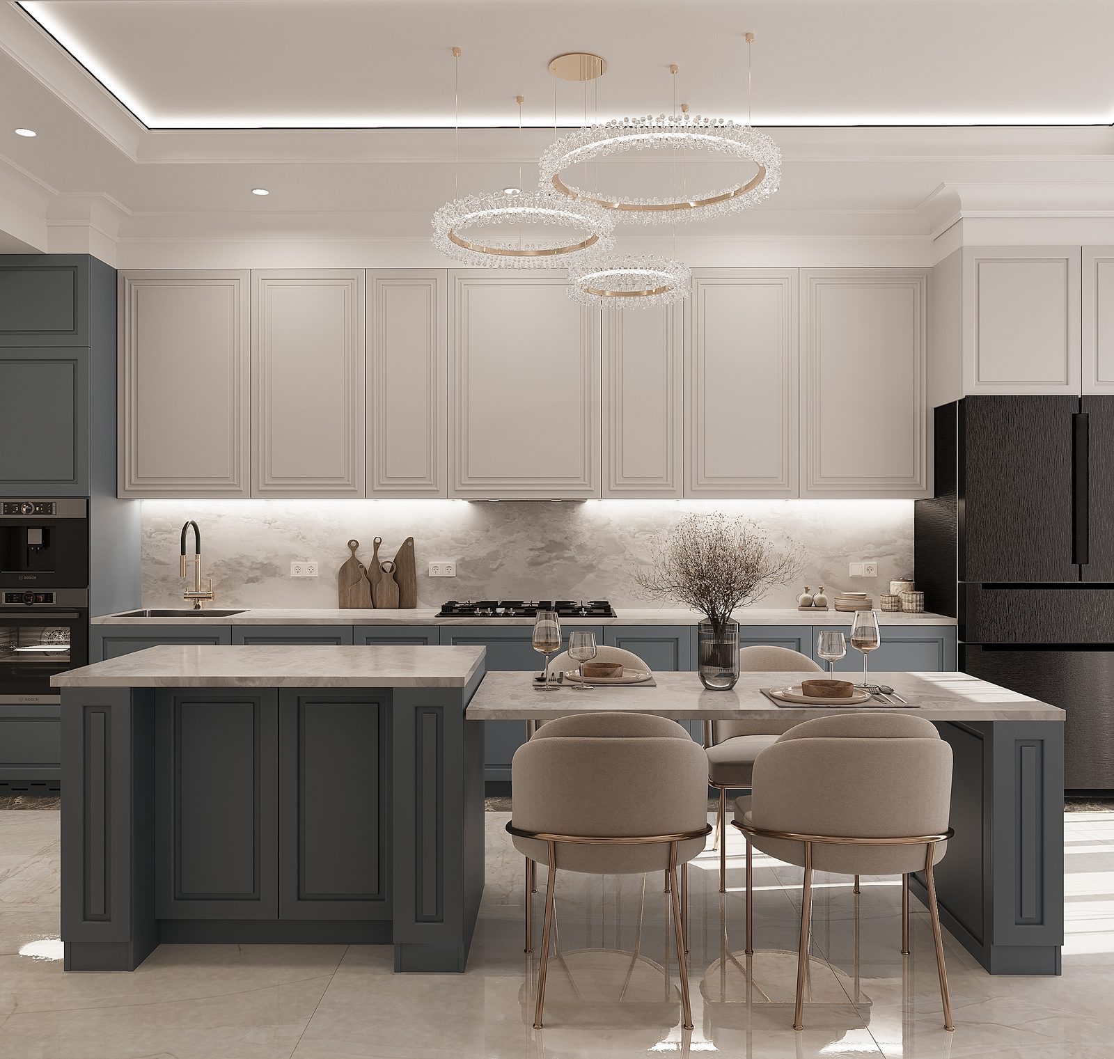 155,4 m² mənzil layihəsi — Neoklassika — Mətbəx. İnteryer görüntüsü 5