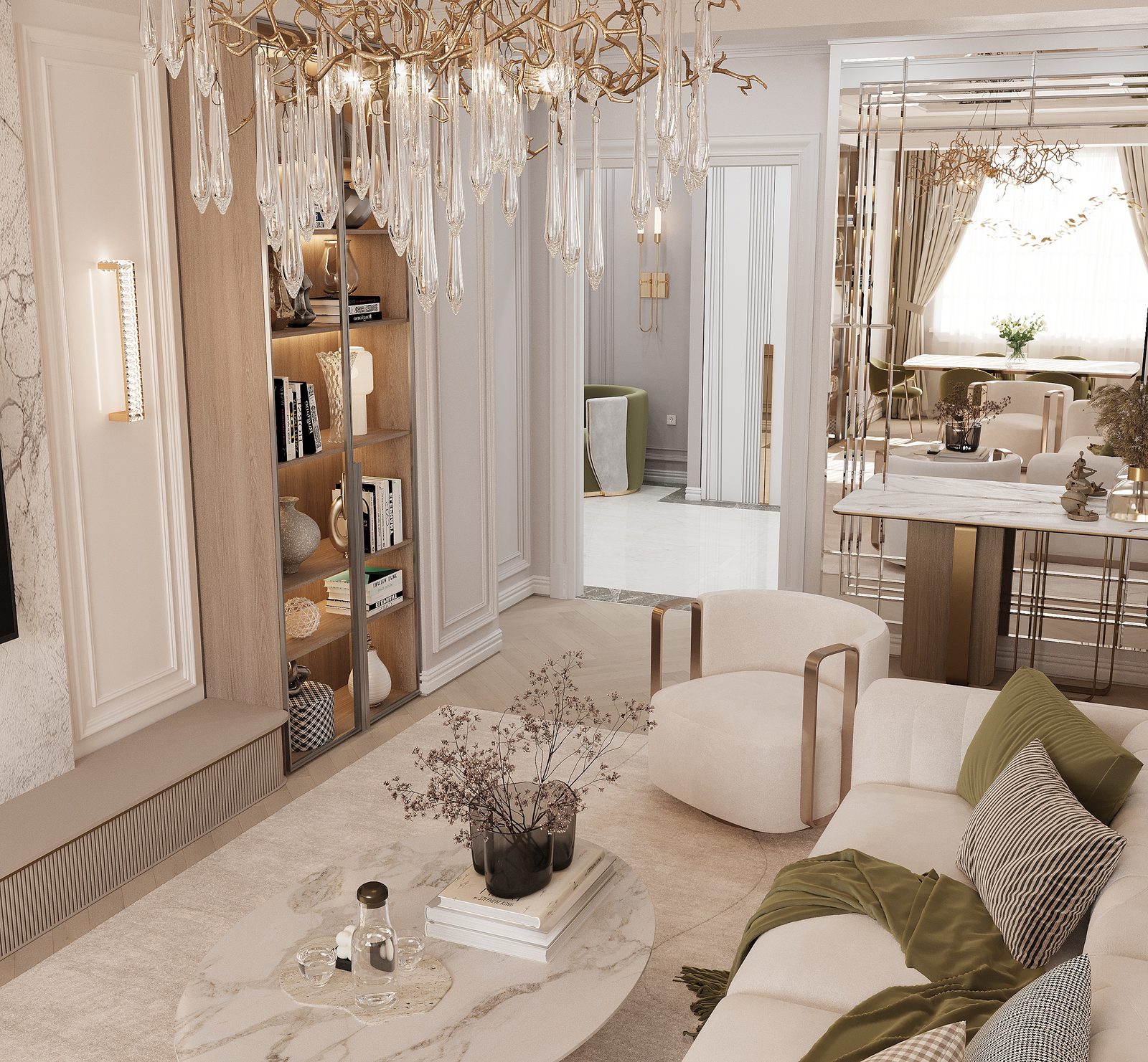 155,4 m² mənzil layihəsi — Neoklassika — Zal. İnteryer görüntüsü 3