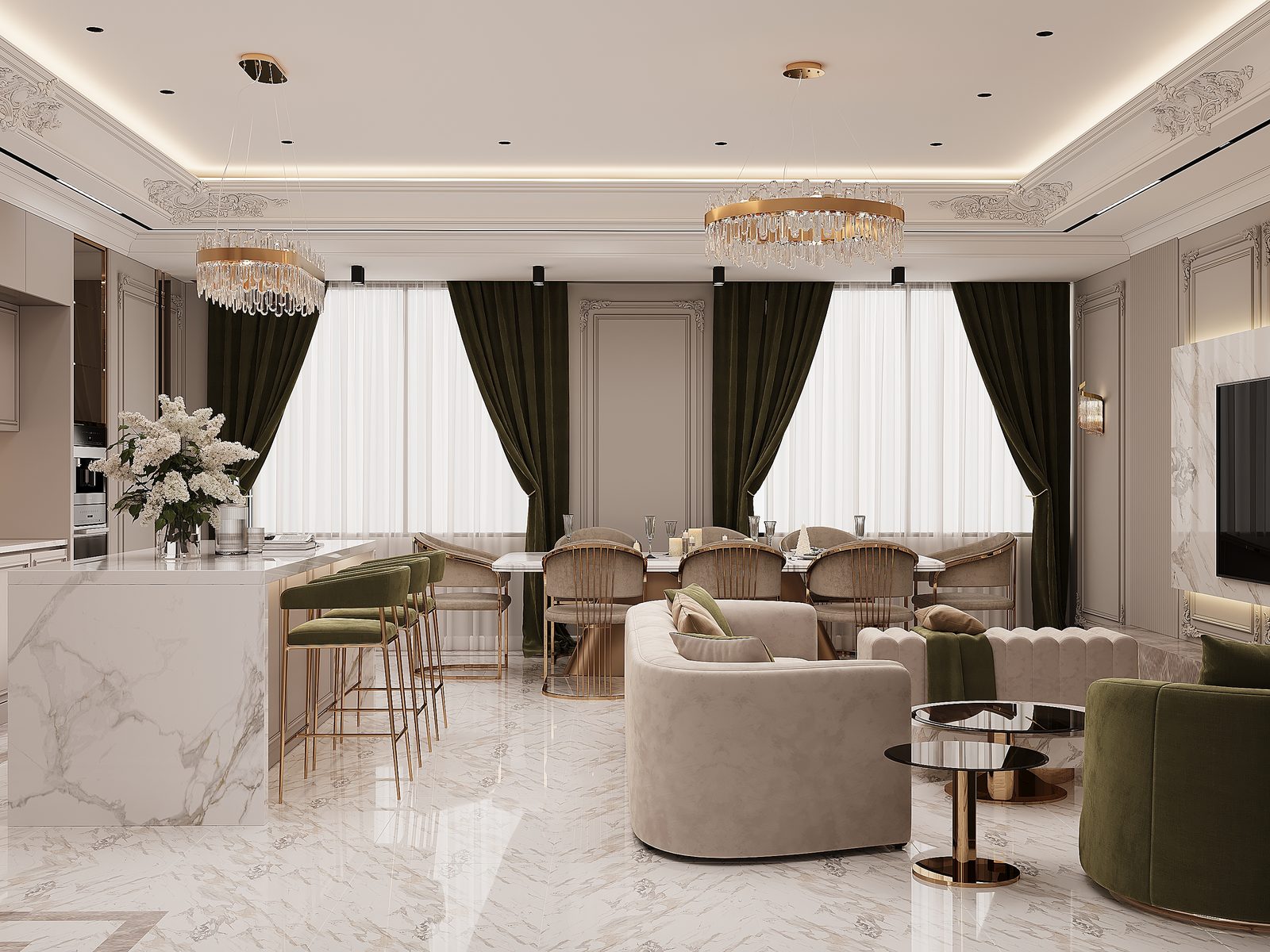 Квартира 185 м² — неоклассика — Кухня. Вид интерьера 3