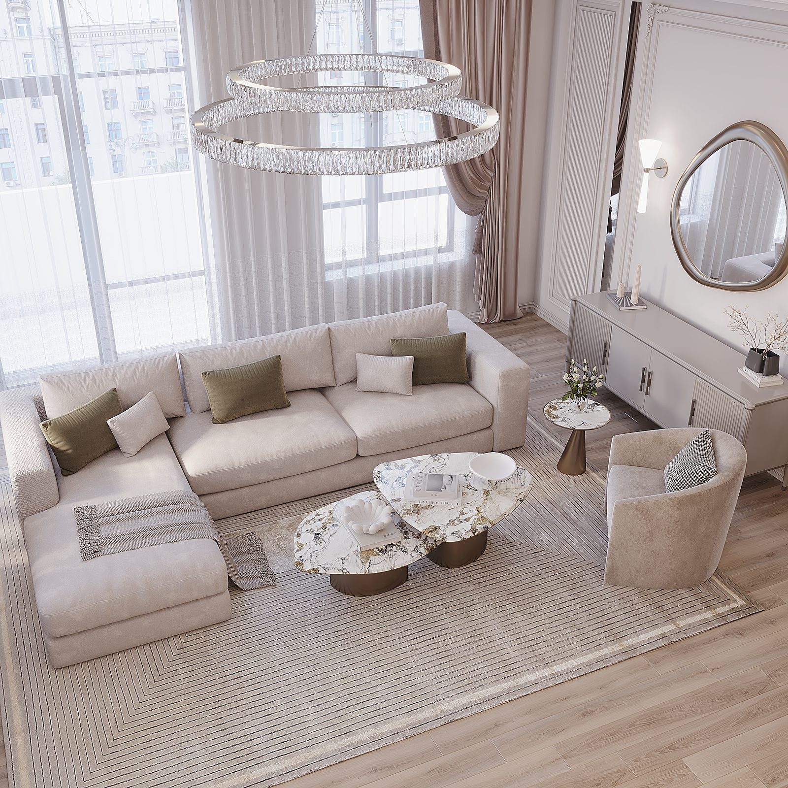 Apartment at Mirvari Residence — neoclassical interior — Living room. Interior view 3
